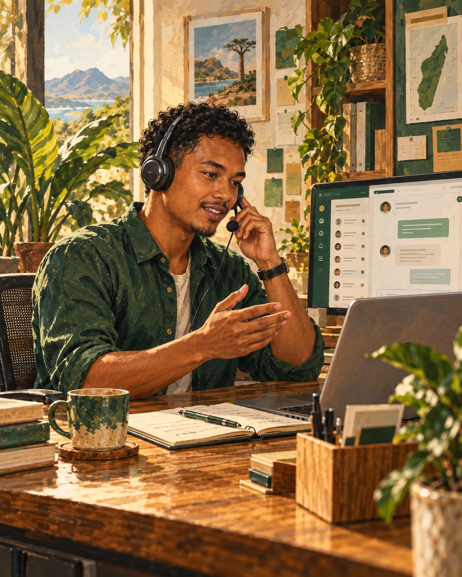 Conseiller Baoli au casque en échange avec un client