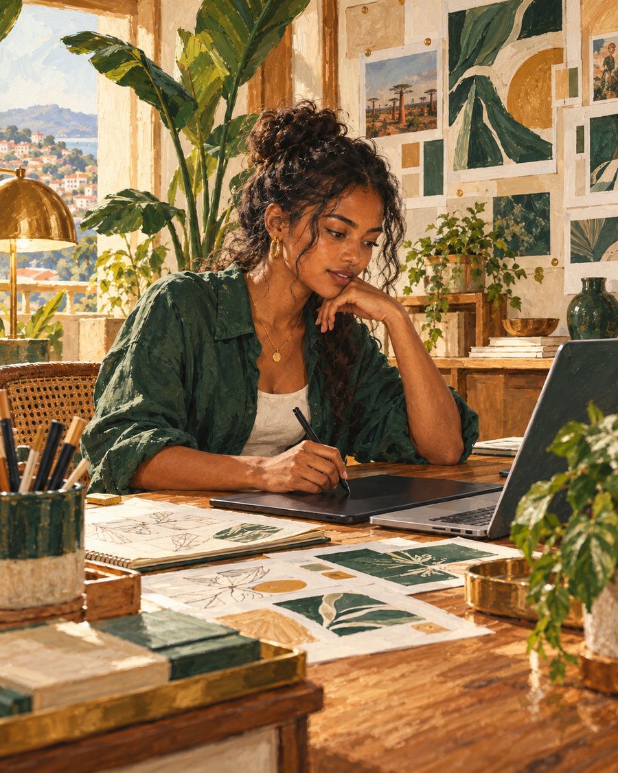 Créative Baoli dessinant sur sa tablette graphique